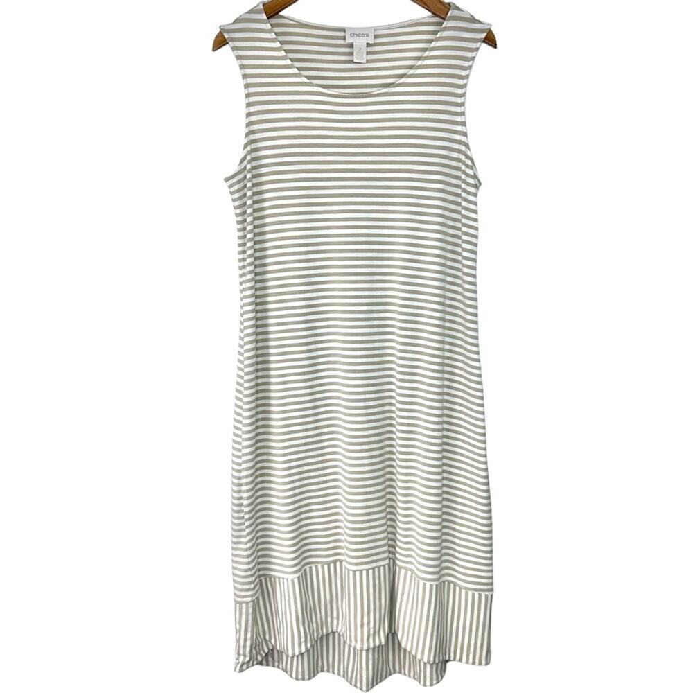 Chico's Striped Midi Shift Dress Size M Tan Cream Sleeveless Hi-Low Lagenlook